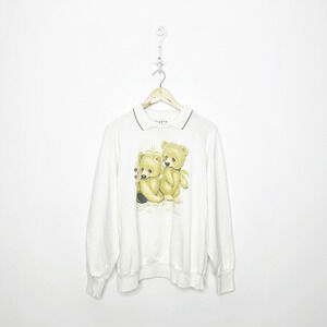 vintage 90's cute bears collared sweatshirt cream oversized USA cotton womens XL
